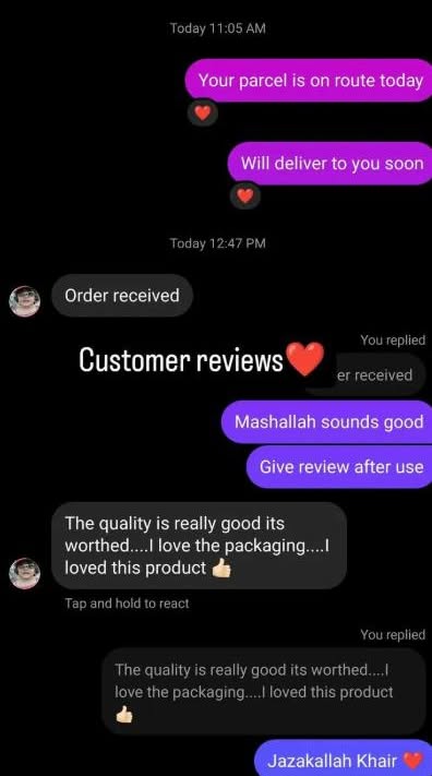 Customer praises the product quality and packaging after receiving the order.