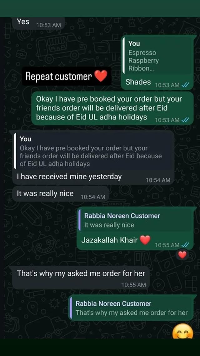 A returning customer says their order was really nice and a friend also wants to order.